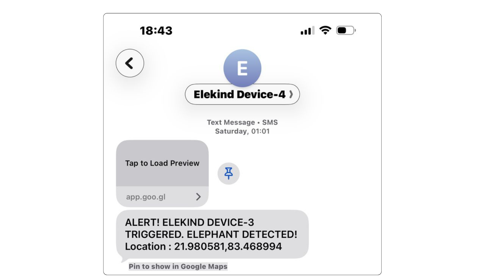 SMS alert from ELEKIND device -- elephant detected at Bangursia