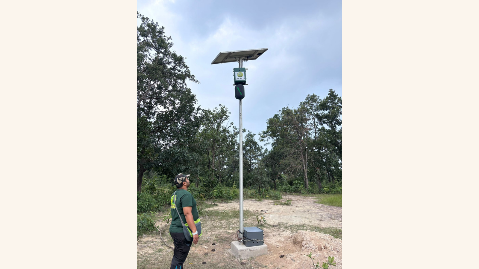ELEKIND unit mounted on pole with solar panel in forest clearing